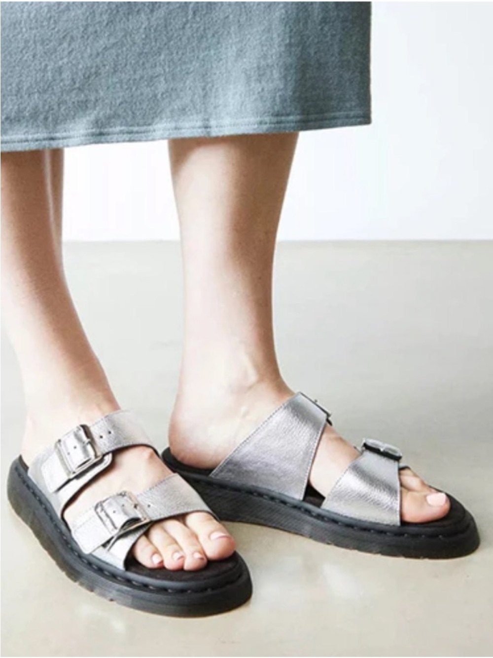 Dr. Martens Josef Metallic Silver Leather Buckle Strap Slip On Slide Sandals